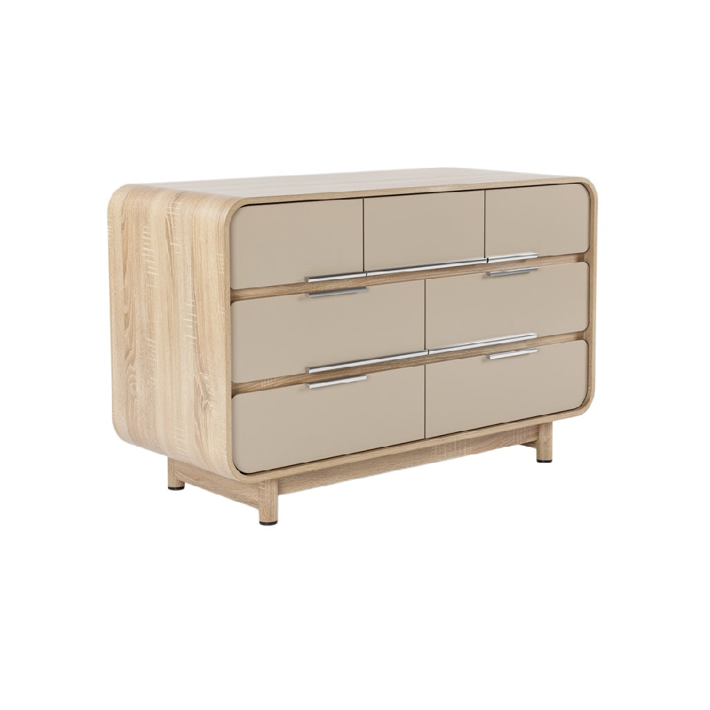 Moderne ladekast van hout met afgeronde hoeken en neutrale kleuren