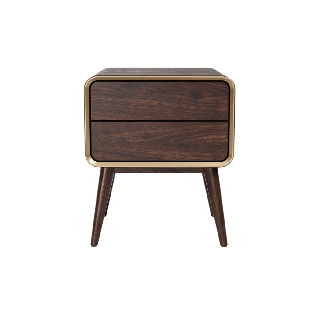 Moderne nachtkast met houten afwerking en gouden randen